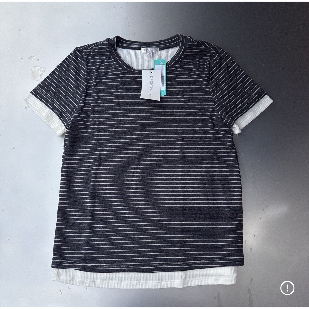 Design History Gray And White Striped Layered Top Tshirt NWT Size M Womens
